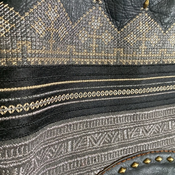 ISABELLA FIORE Studded Soft Thick Black Leather with Gold Silver Fabric Bag - Picture 3 of 14